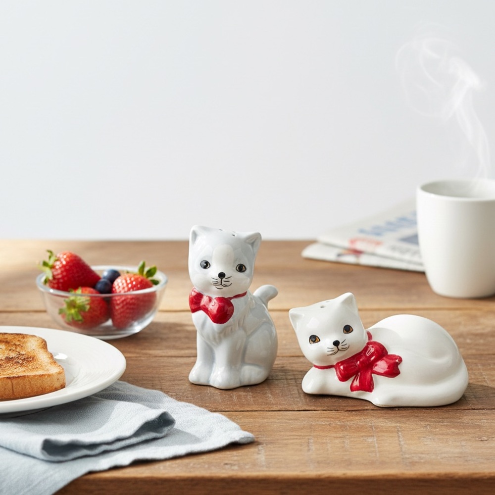 Vintage Mid-Century Ceramic Kitten/Cat Salt & Pepper Shakers, Red Bow Detail